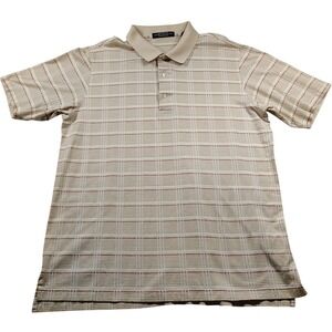 Carnoustie‎ Mens Large Polo Shirt Tan White Plaid 100% Mercerized Cotton